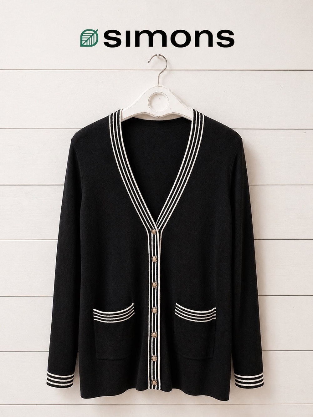 CONTEMPORAINE (SIMONS) Black Knit Cardigan White Trim Size M